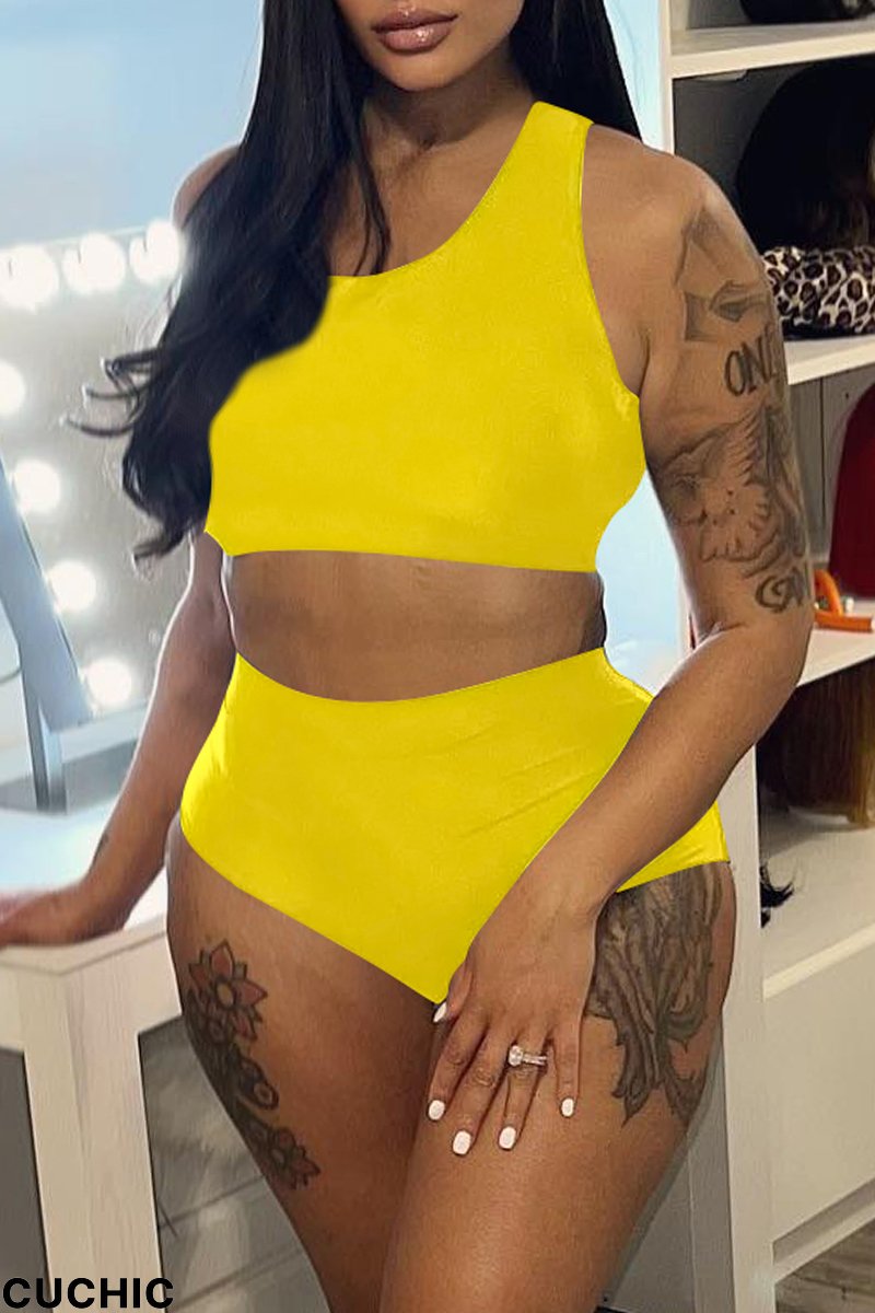 Yellow Fashion Casual Living Solid Basic O Neck Sleeveless Two Pieces-CuChic