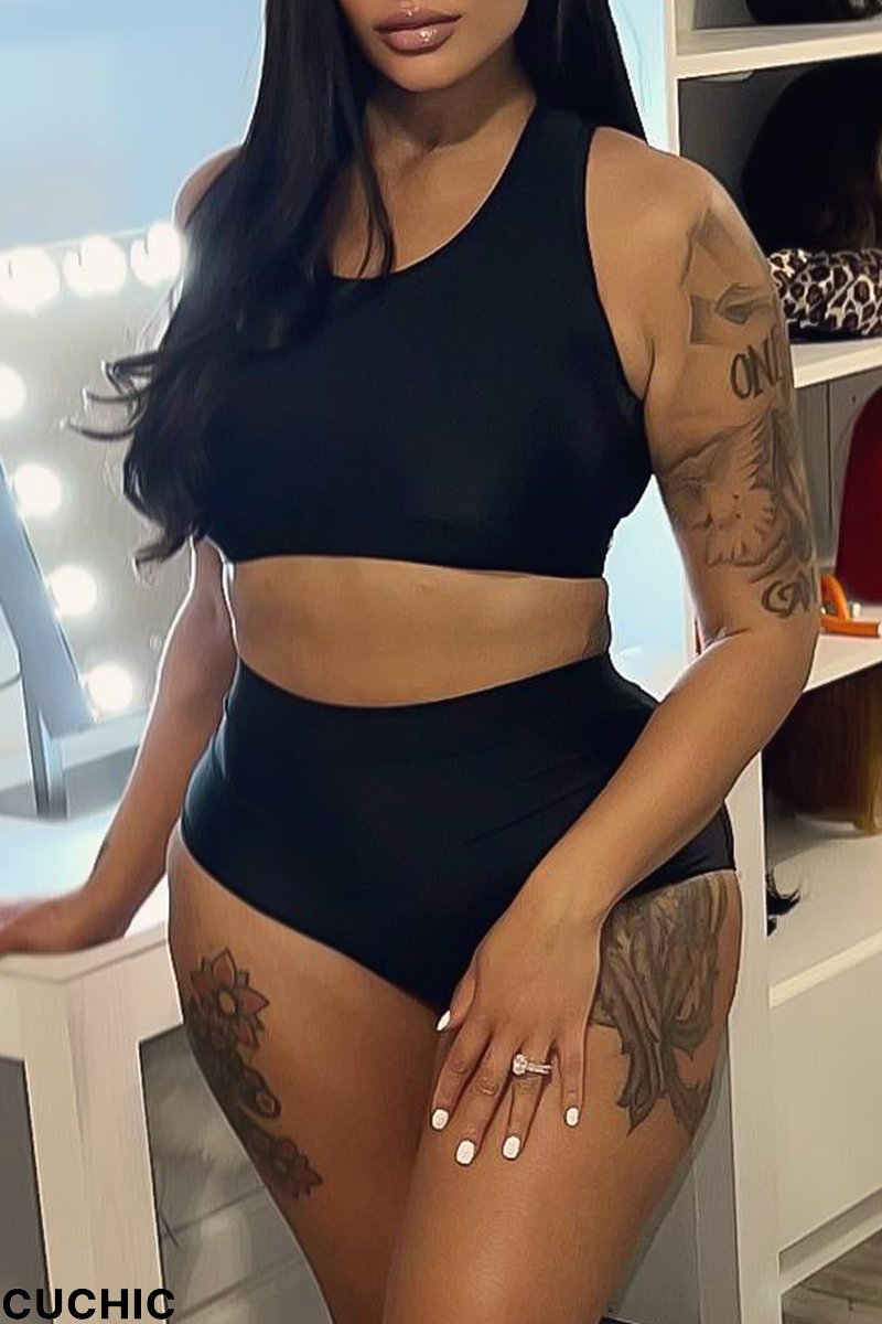 Black Fashion Casual Living Solid Basic O Neck Sleeveless Two Pieces-CuChic