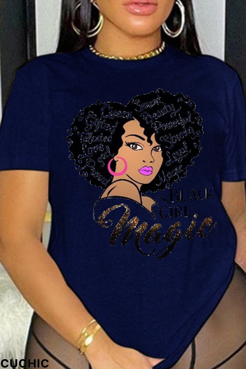 Navy Blue Casual Vintage Print Patchwork Letter O Neck T-Shirts-CuChic