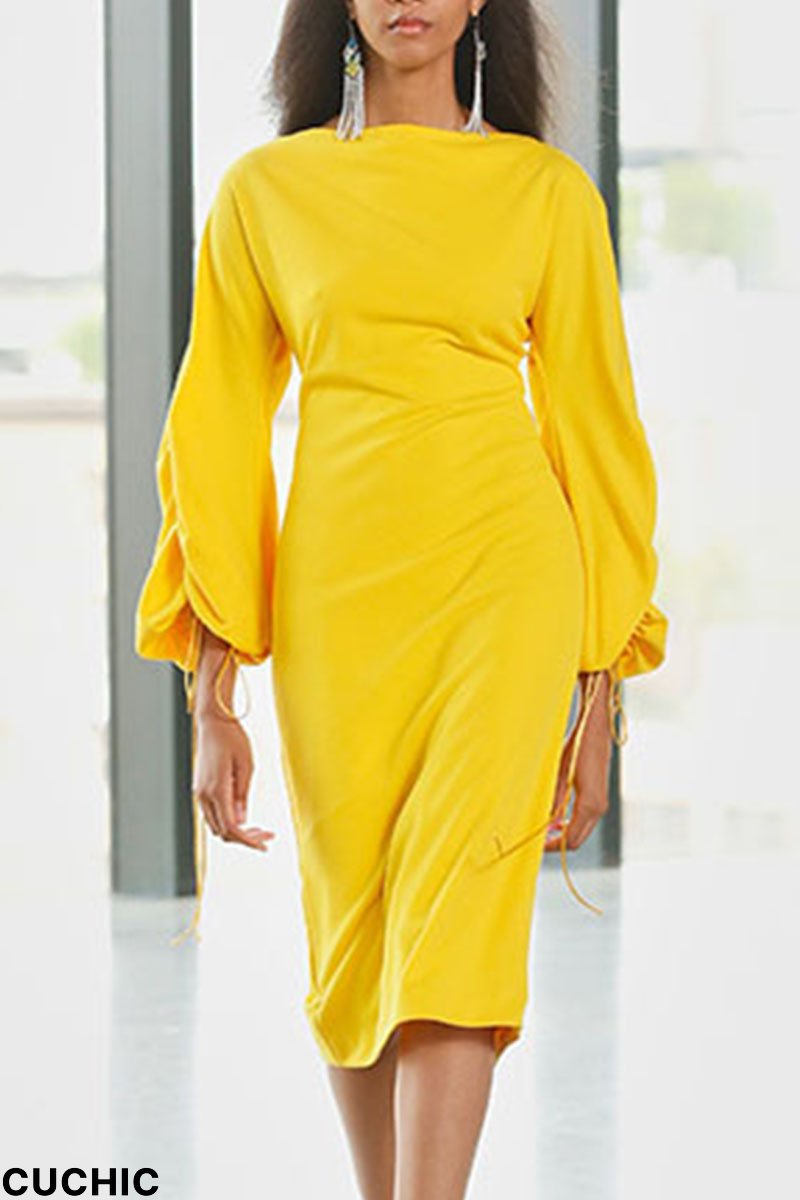 Yellow Casual Elegant Solid Split Joint Frenulum O Neck One Step Skirt Dresses-CuChic