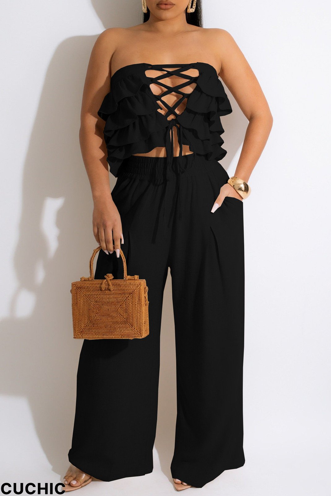 Black Sexy Casual Solid Bandage Hollowed Out Backless Strapless Sleeveless Two Pieces-CuChic