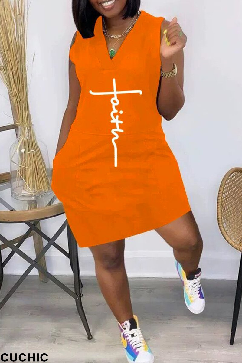Orange Fashion Casual Print Split Joint V Neck Sleeveless Dress-CuChic