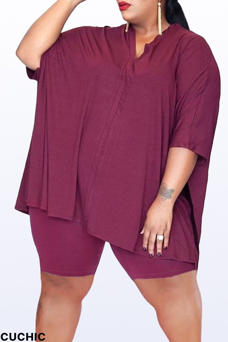 Burgundy Casual Solid Patchwork Slit O Neck Plus Size Two Pieces-CuChic