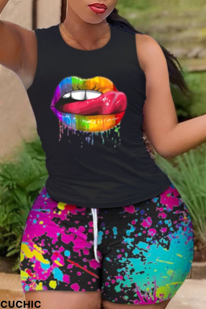 Black Casual Print Patchwork O Neck Sleeveless Two Pieces-CuChic
