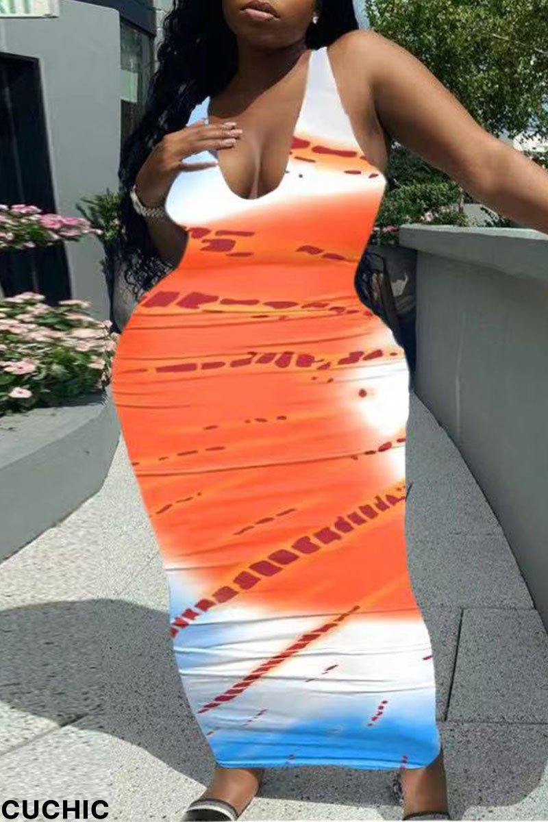 Orange Sexy Daily Print Graffiti V Neck Wrapped Skirt Plus Size Dresses-CuChic