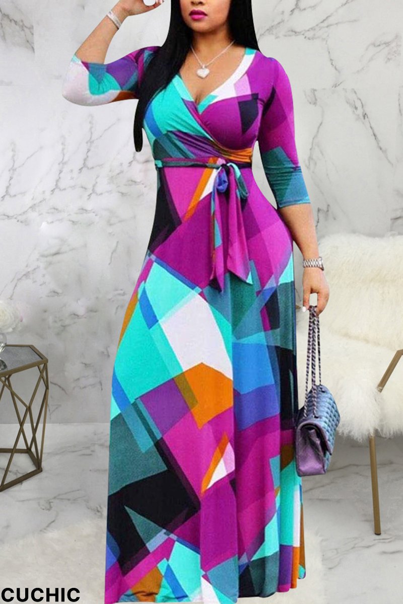 Purple Casual Print Patchwork V Neck Waist Skirt Dresses-CuChic