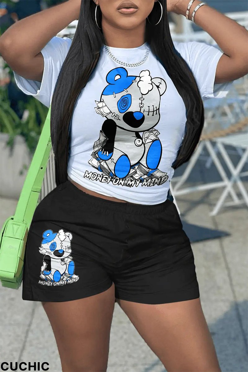 White Black Casual Print Patchwork O Neck Short Sleeve Two Pieces-CuChic