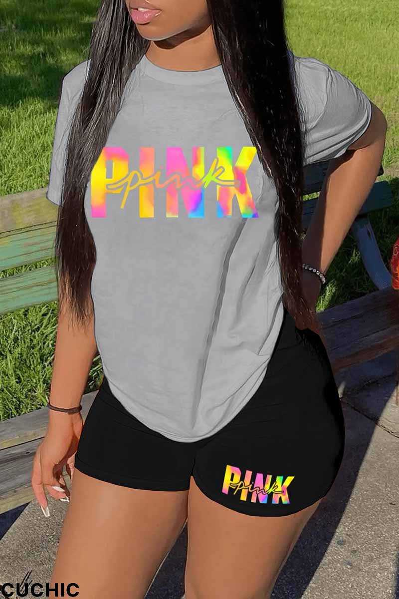 Grey Casual Print Letter O Neck Short Sleeve Two Pieces-CuChic