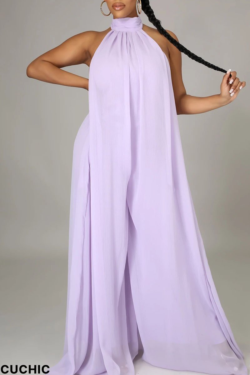Purple Elegant Solid Patchwork Backless Halter Straight Jumpsuits-CuChic