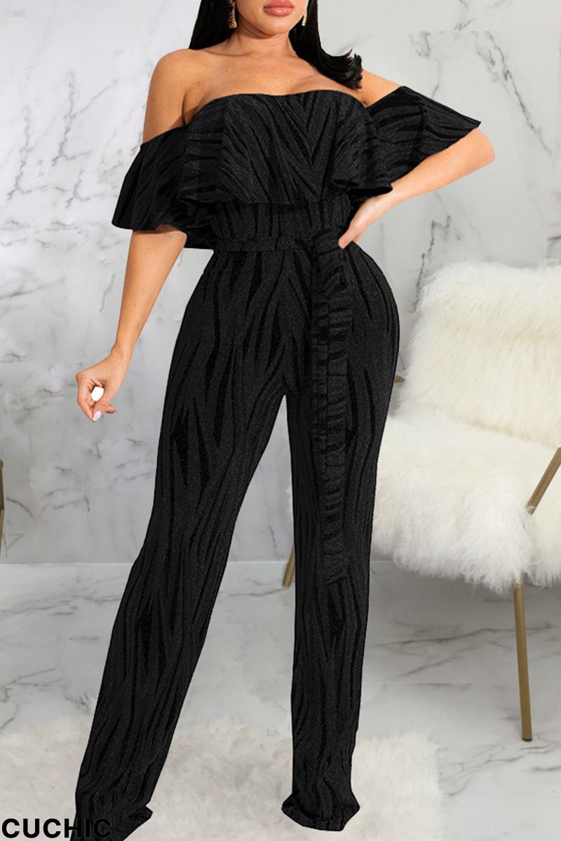 Black Casual Print Split Joint Flounce Off the Shoulder Straight Jumpsuits-CuChic