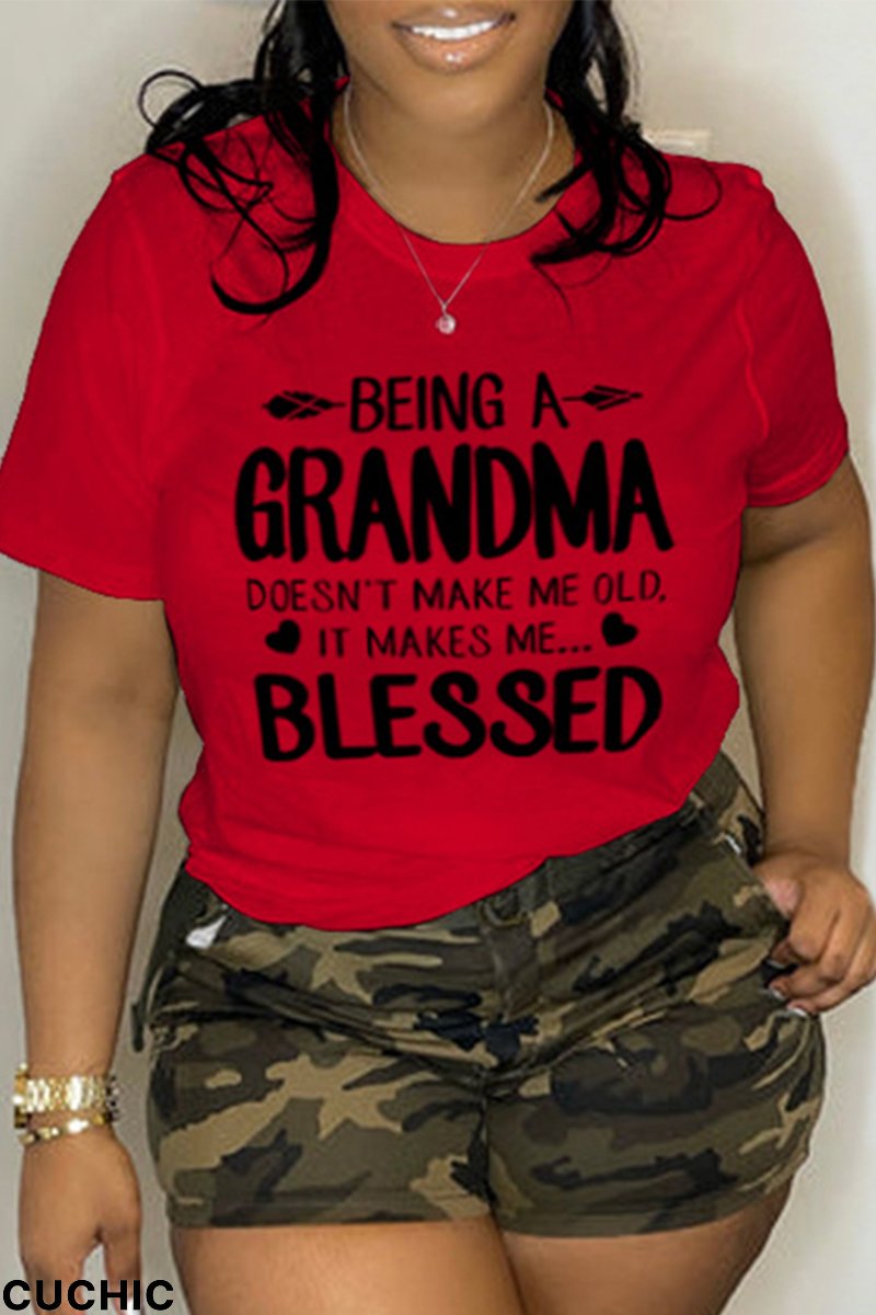 Red Casual Daily Print Letter O Neck T-Shirts-CuChic