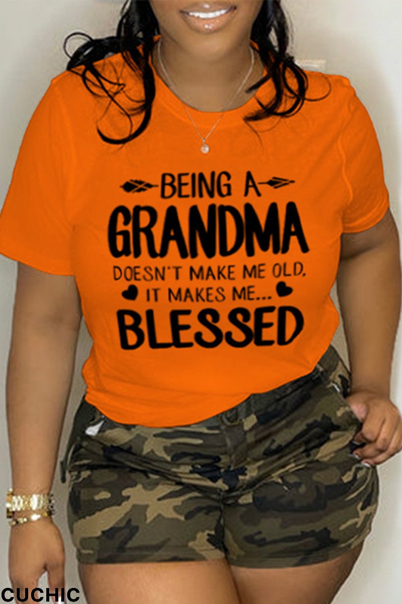 Orange Casual Daily Print Letter O Neck T-Shirts-CuChic