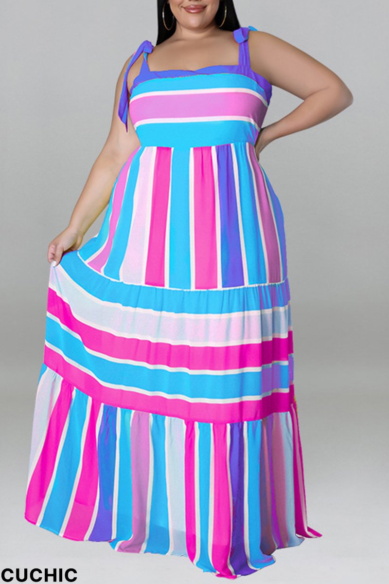 Light Blue Fashion Casual Plus Size Print Bandage Backless Spaghetti Strap Long Dress-CuChic