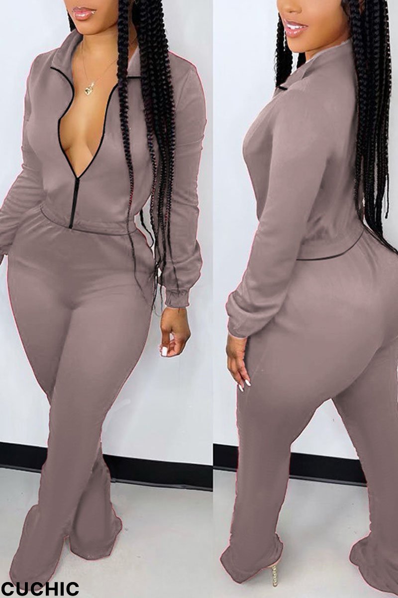 Grey Casual Solid Patchwork Zipper Collar Long Sleeve Two Pieces-CuChic