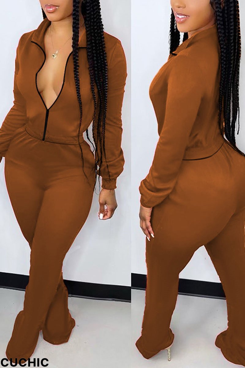 Coffee Casual Solid Patchwork Zipper Collar Long Sleeve Two Pieces-CuChic