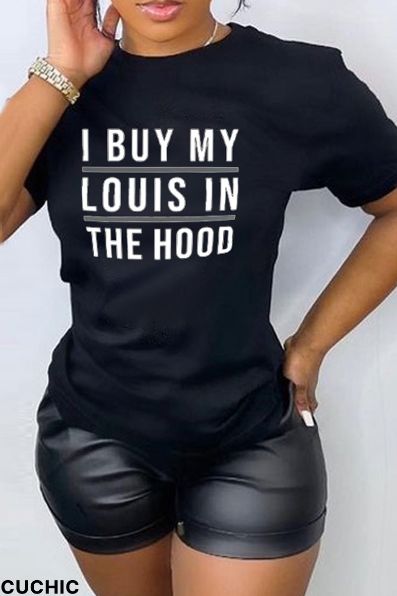 Black Casual Street Print Split Joint Letter O Neck T-Shirts-CuChic