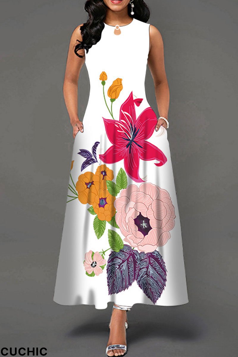 White Casual Print Patchwork O Neck A Line Dresses-CuChic