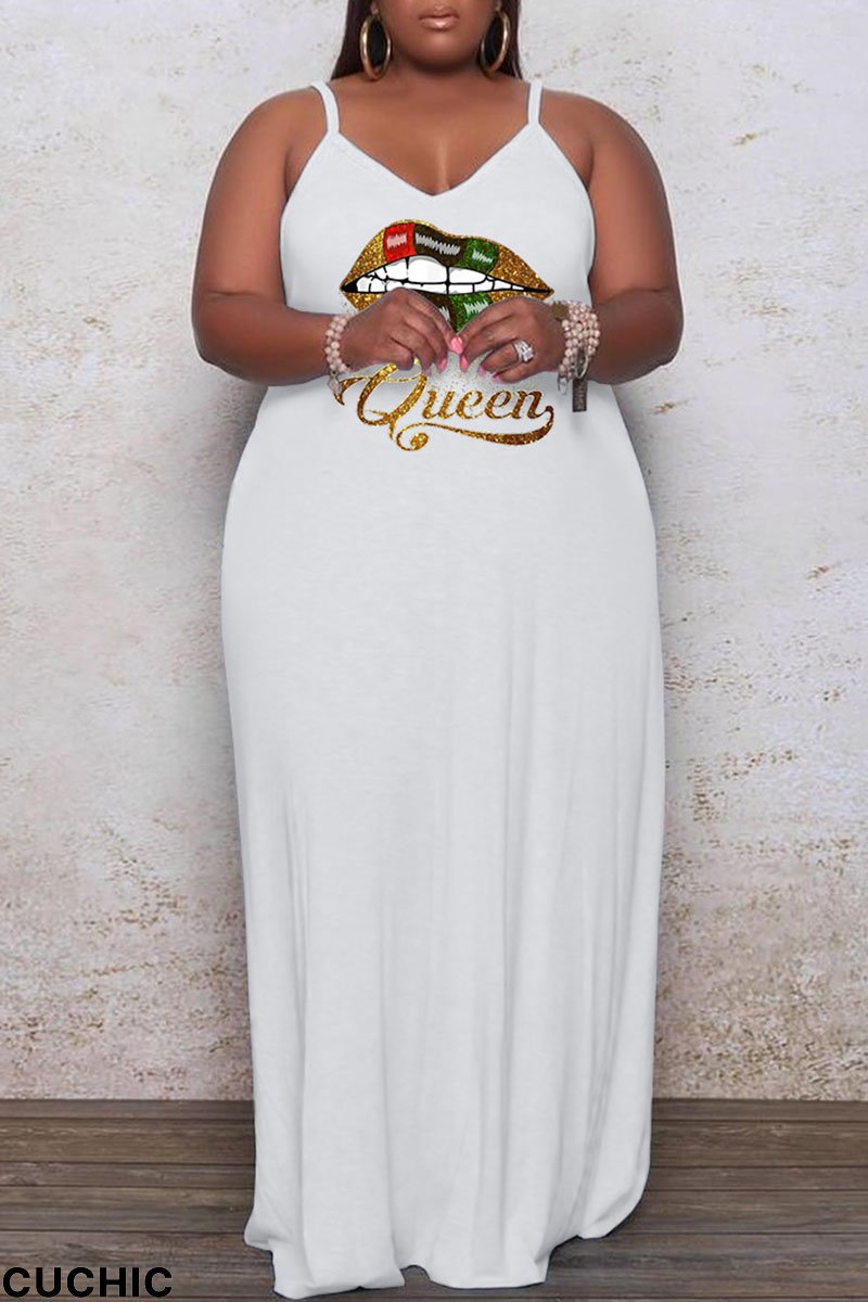 White Casual Print Split Joint Spaghetti Strap Sling Dress Plus Size Dresses-CuChic