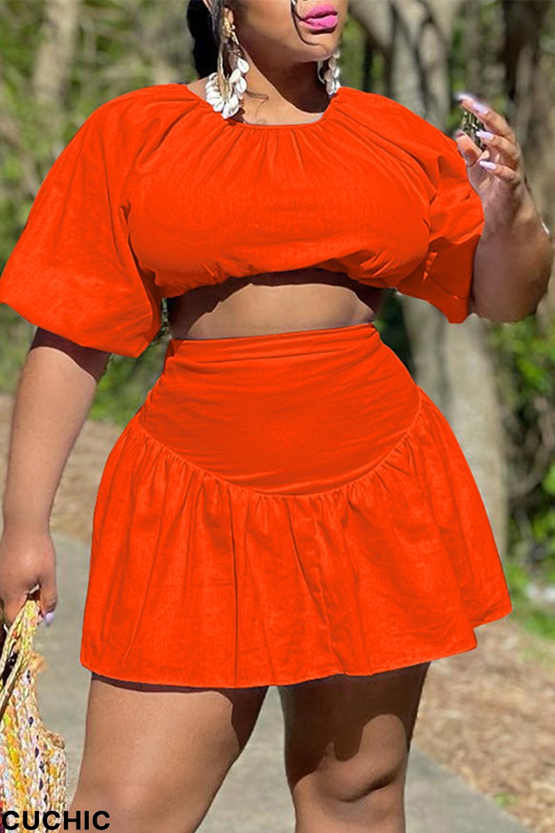 Tangerine Red Fashion Solid Split Joint O Neck Short Sleeve Two Pieces-CuChic