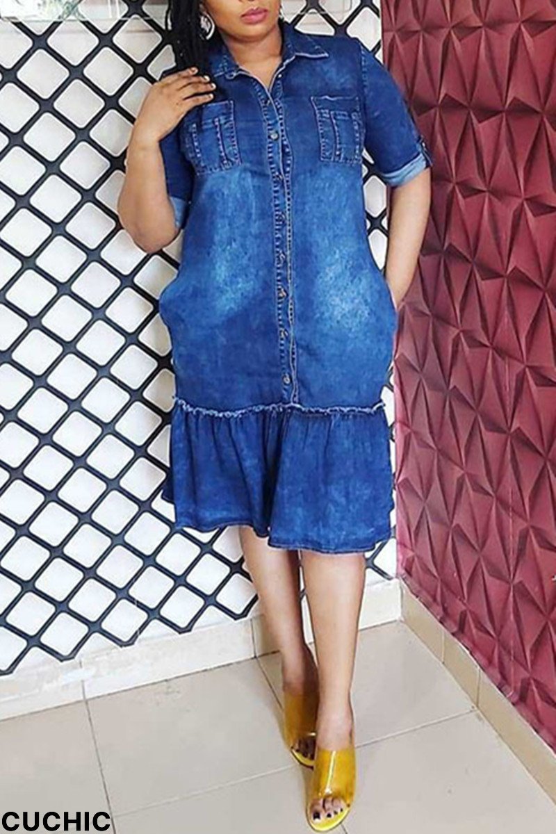 Blue Fashion Casual Plus Size Solid Patchwork Turndown Collar Denim Dress-CuChic