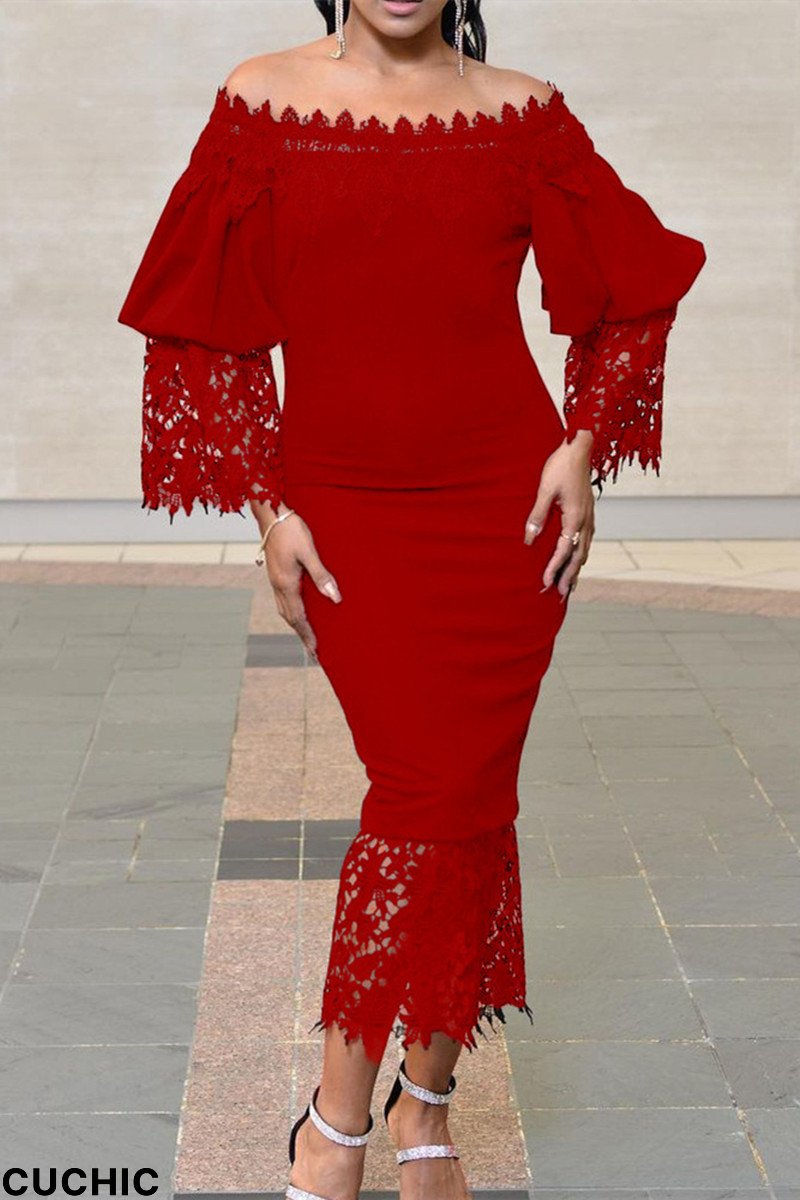 Red Fashion Sexy Solid Patchwork Off the Shoulder Pencil Skirt Dresses-CuChic