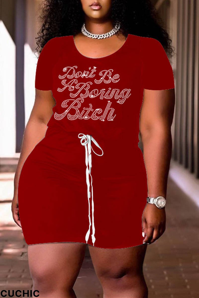 Red Fashion Casual Solid Letter Hot Drill O Neck Plus Size Two Pieces-CuChic