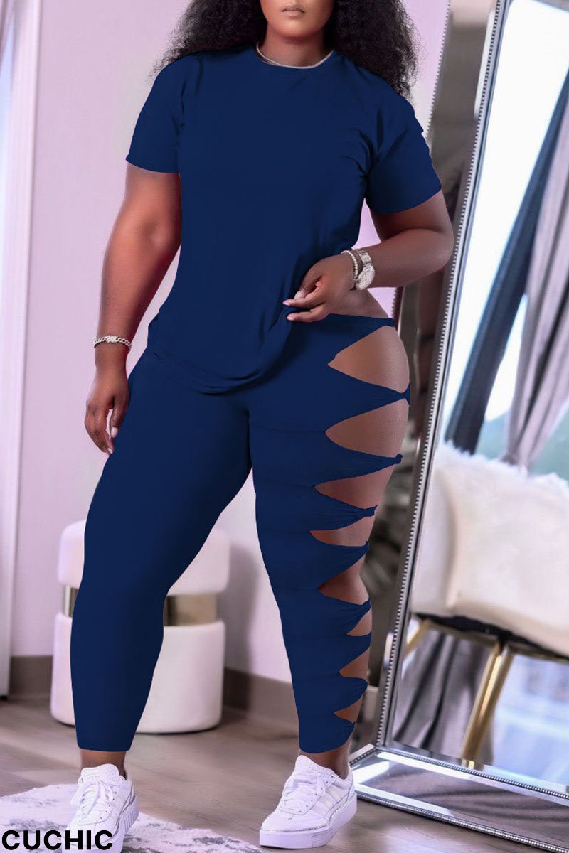 Blue Sexy Solid Hollowed Out Patchwork O Neck Short Sleeve Two Pieces-CuChic