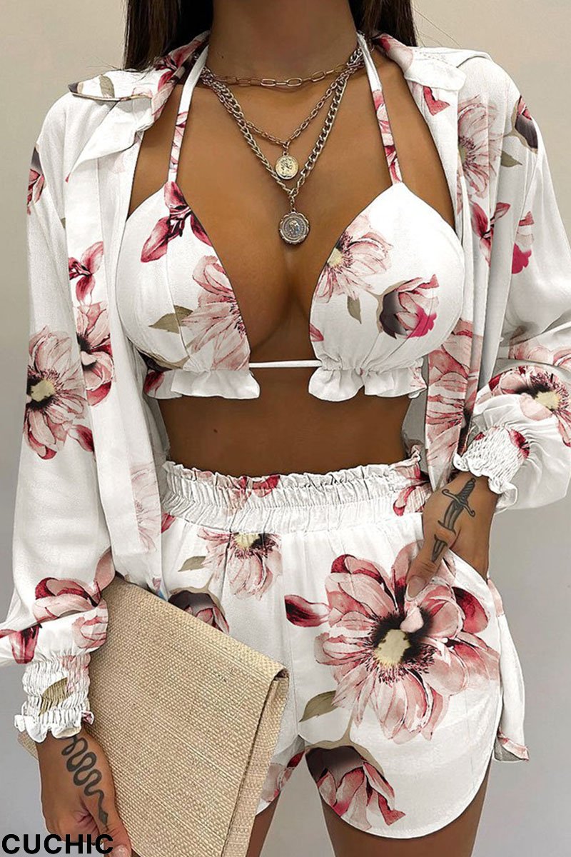 Cream White Sexy Print Patchwork Turndown Collar Long Sleeve Three Pieces-CuChic