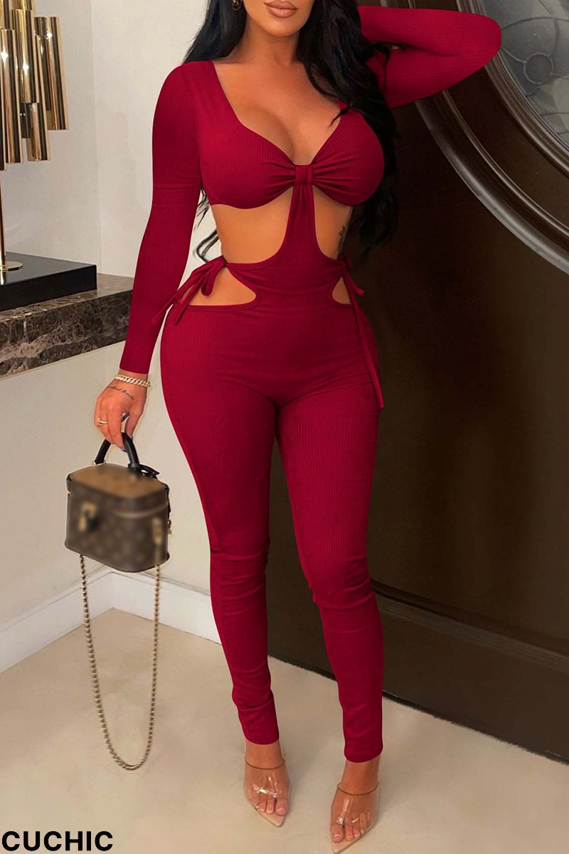 Burgundy Fashion Sexy Solid Bandage Hollowed Out V Neck Skinny Jumpsuits-CuChic