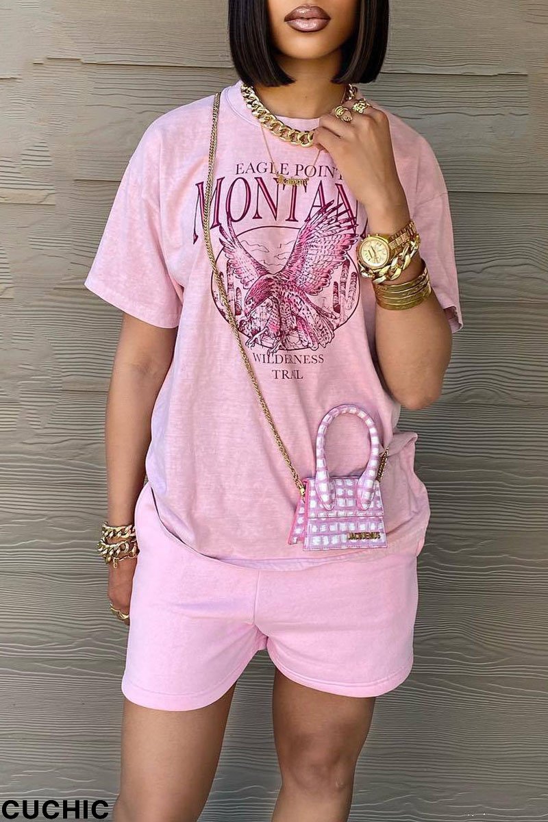 Pink Casual Print Patchwork O Neck Short Sleeve Two Pieces-CuChic