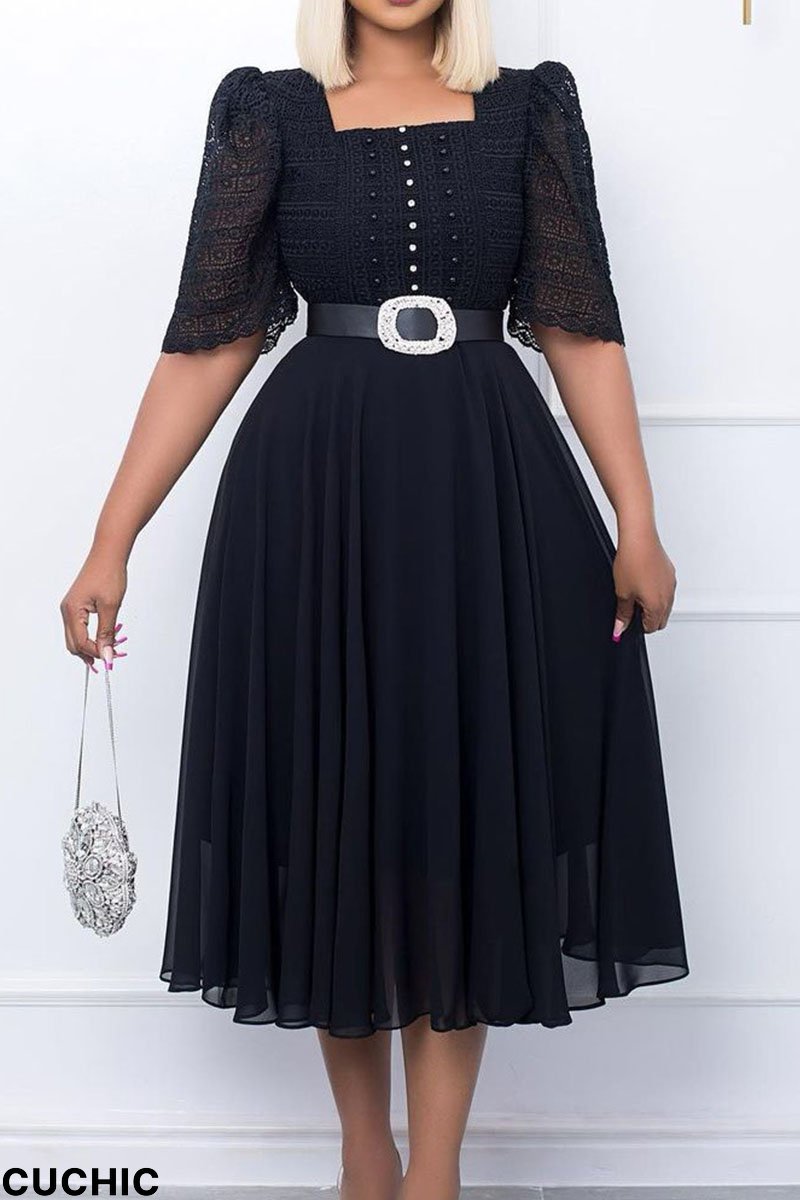 Black Elegant Solid Patchwork Beading With Belt Square Collar Dresses-CuChic