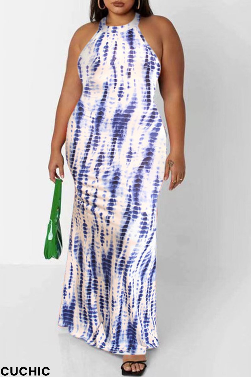 Sky Blue Fashion Sexy Print Hollowed Out O Neck Sleeveless Dress Plus Size Dresses-CuChic