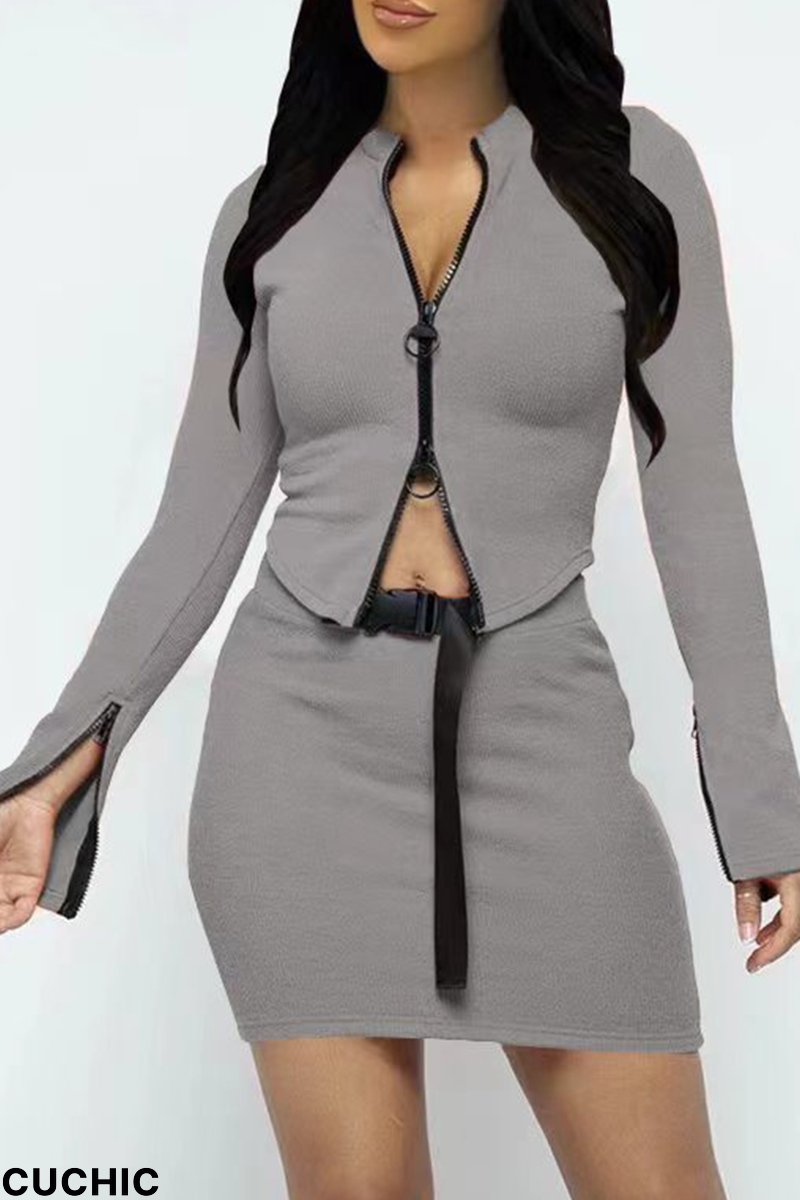 Grey Sexy Solid Patchwork Zipper Collar Long Sleeve Two Pieces-CuChic