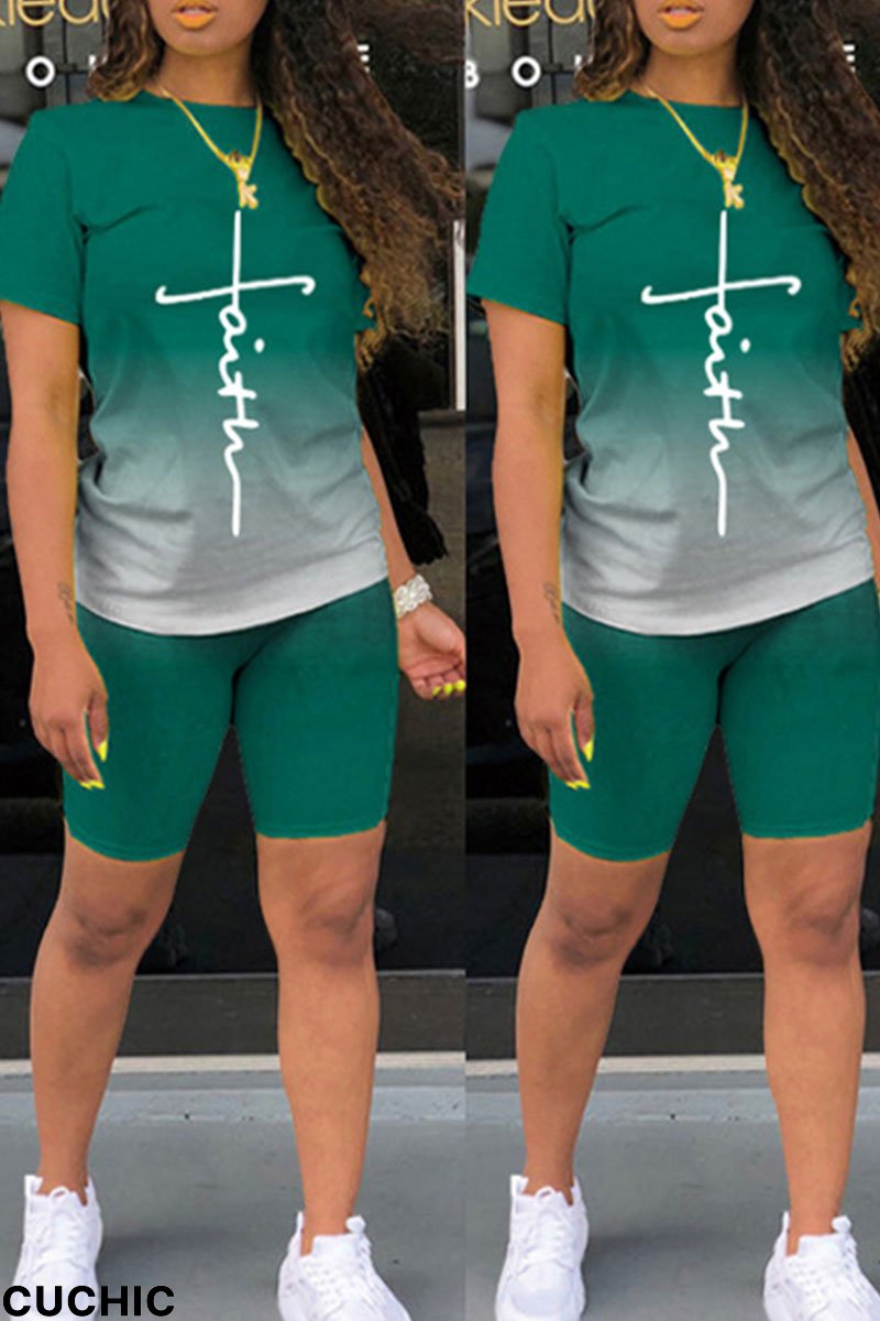 Ink Green Casual Gradual Change Print Split Joint O Neck Short Sleeve Two Pieces-CuChic