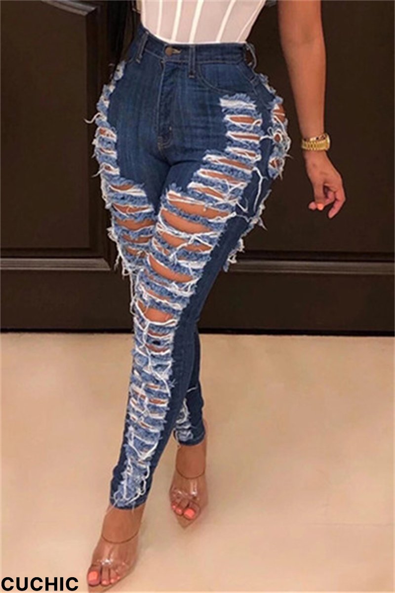 Dark Blue Fashion Casual Solid Ripped High Waist Skinny Denim Jeans-CuChic