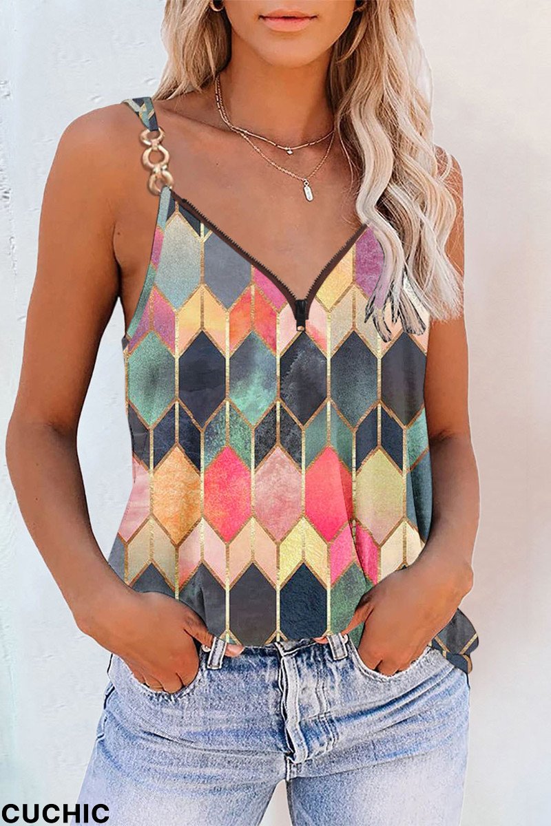 Multicolor Sexy Casual Print Patchwork Backless V Neck Tops-CuChic