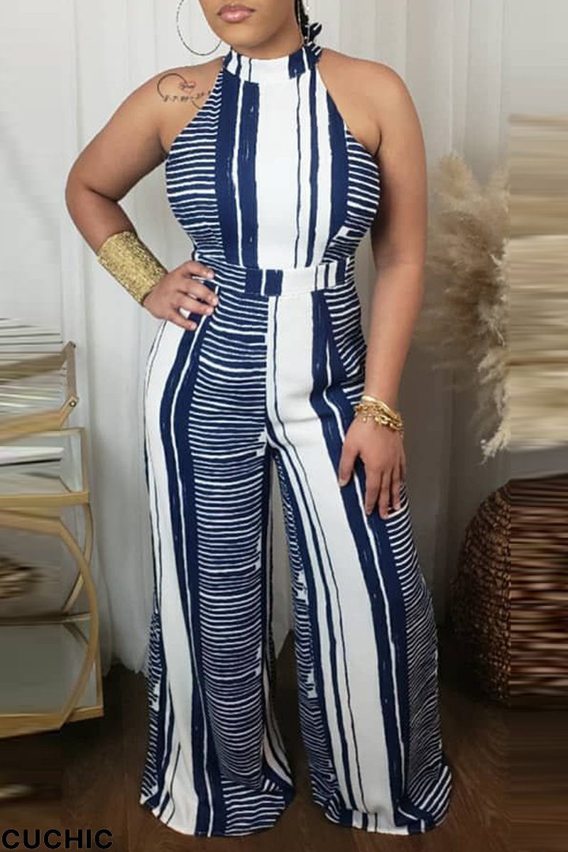 Blue Fashion Striped Patchwork Halter Straight Jumpsuits-CuChic