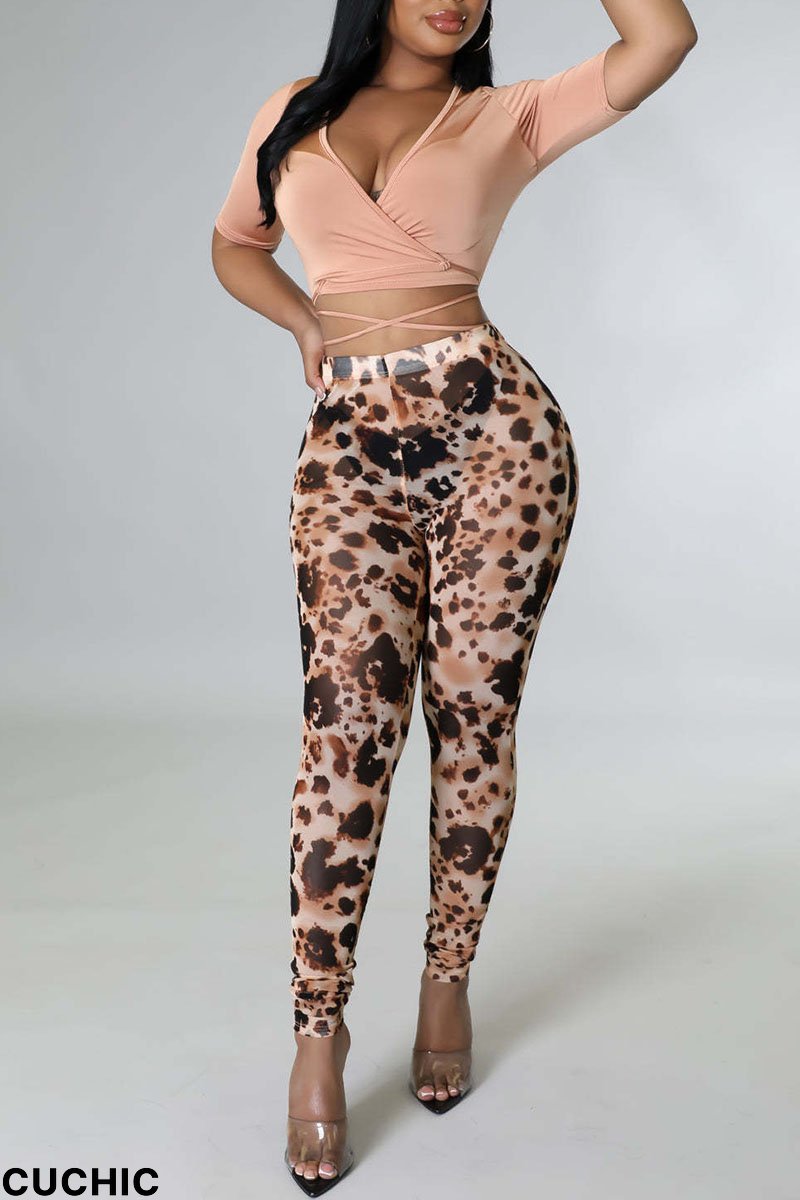 Apricot Pink Sexy Print Leopard Split Joint V Neck Short Sleeve Two Pieces-CuChic