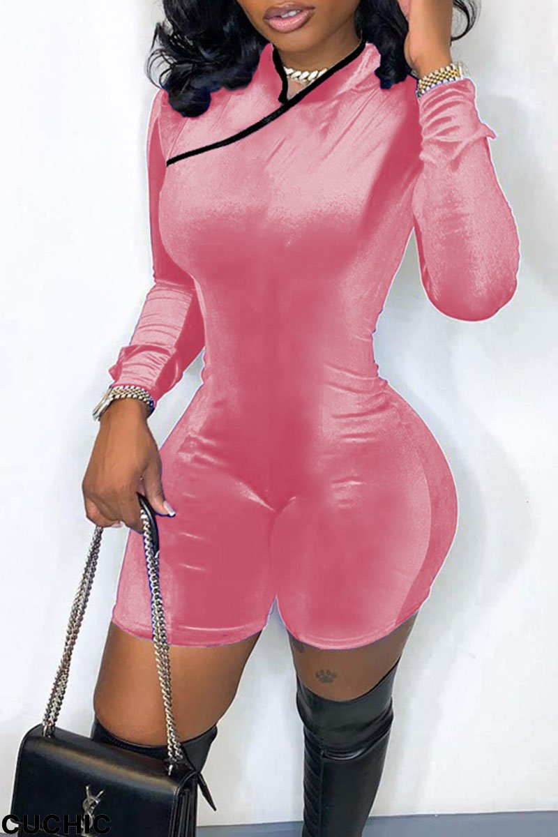 Pink Sexy Solid Patchwork Half A Turtleneck Regular Jumpsuits-CuChic