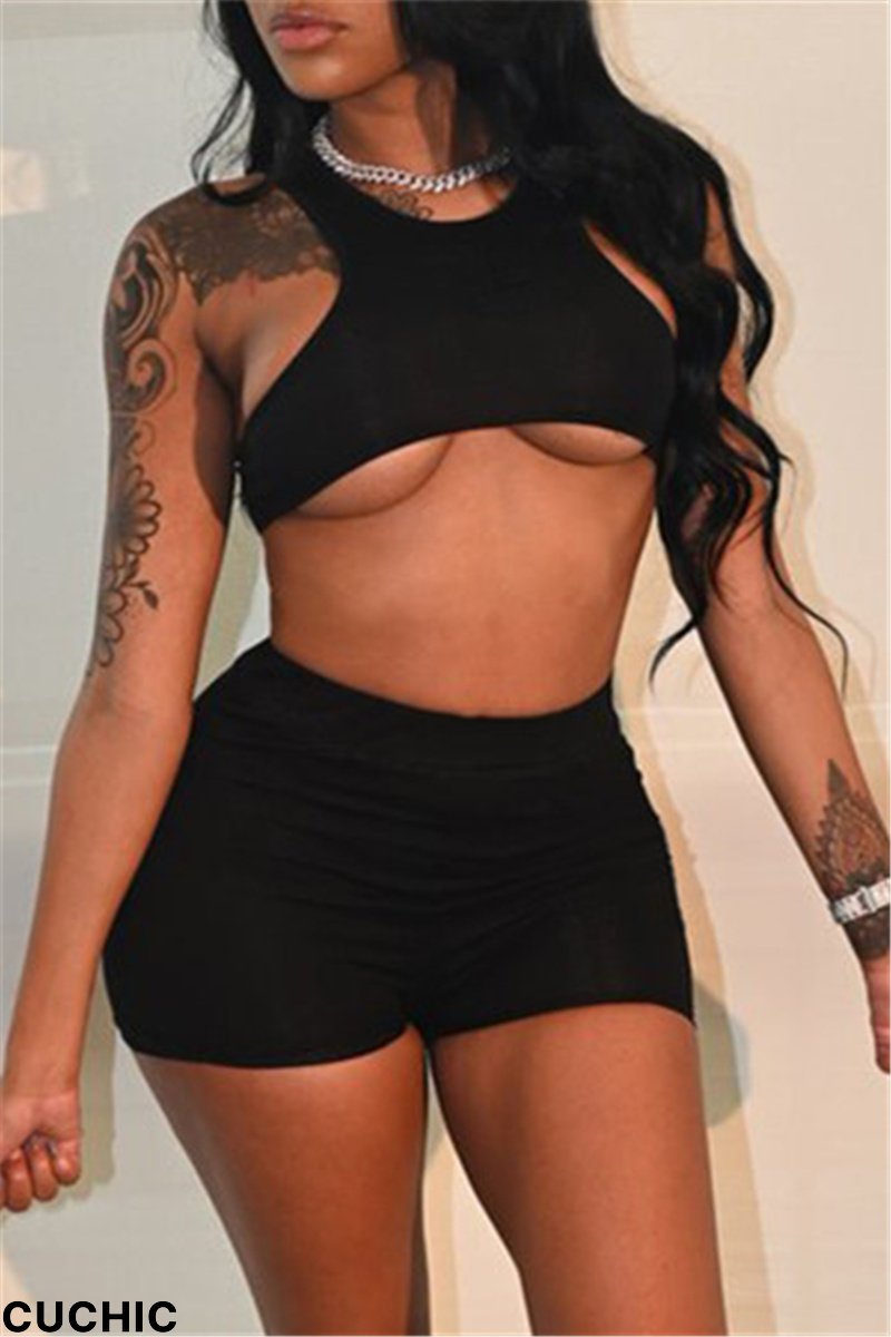 Black Fashion Casual Sportswear Solid Basic O Neck Sleeveless Two Pieces-CuChic