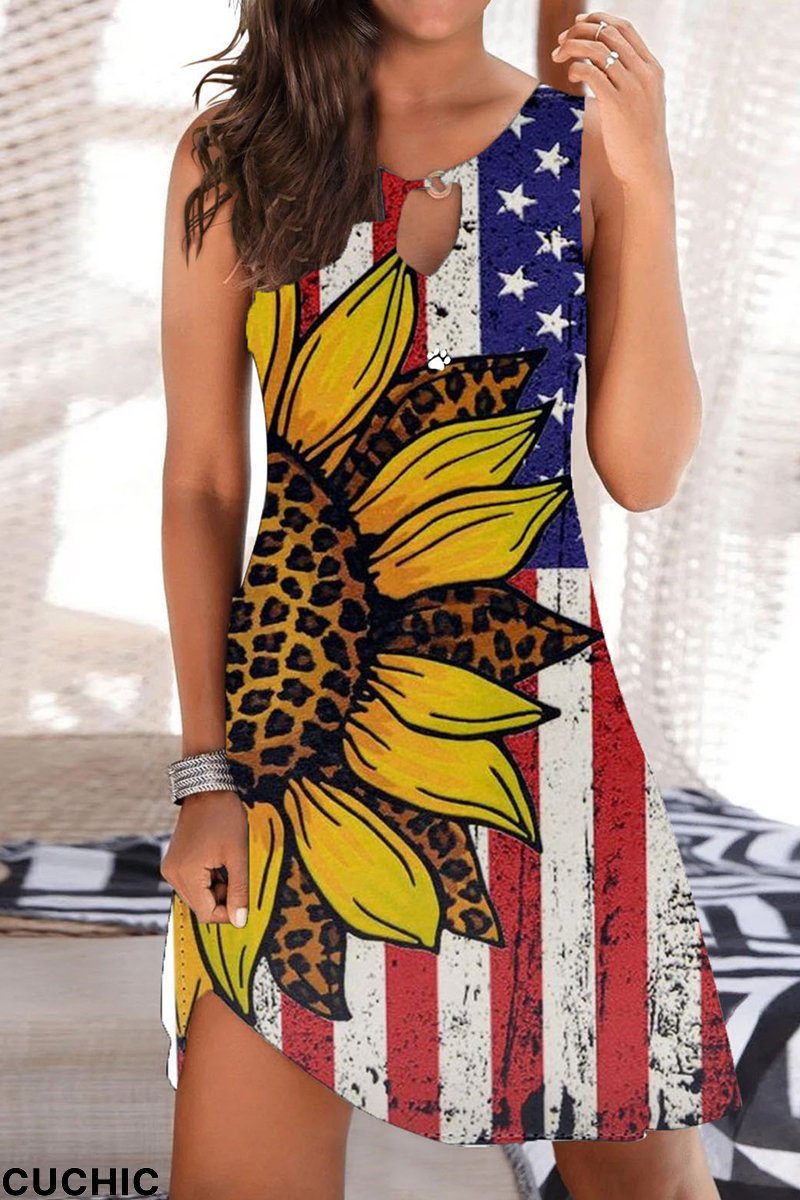 Red Yellow Fashion Casual Print Hollowed Out O Neck Sleeveless Dress-CuChic
