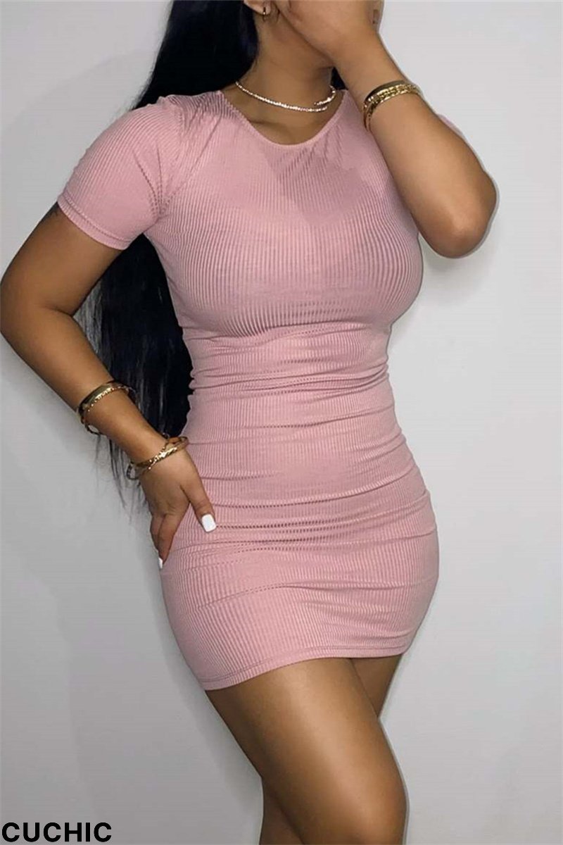 Pink Fashion Casual Solid Basic O Neck Short Sleeve Dress-CuChic