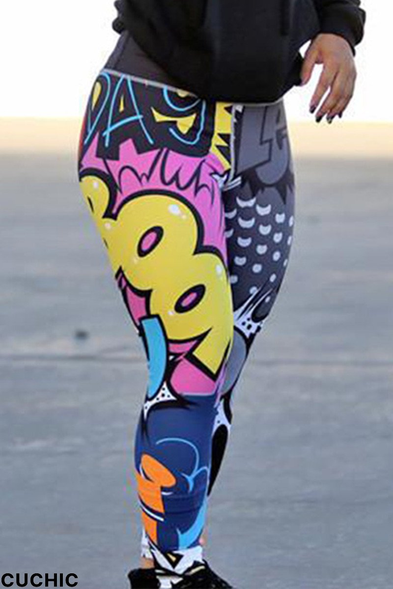 Letter Print Fashion Casual Print Split Joint Basic Skinny High Waist Pencil Trousers-CuChic