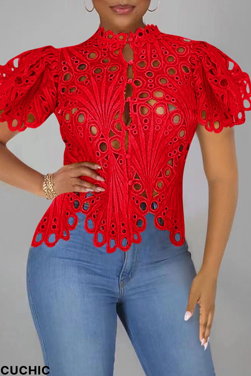 Red Fashion Sexy Solid Hollowed Out Patchwork Buckle Asymmetrical T-Shirts-CuChic