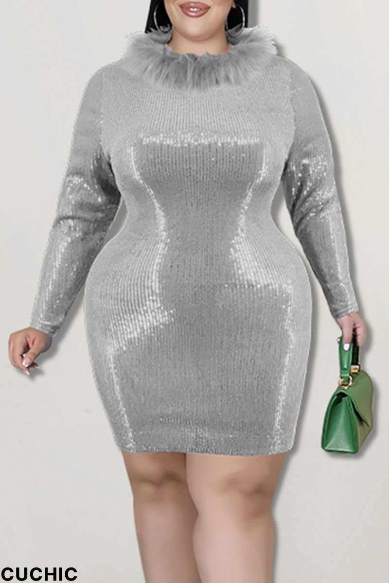 Grey Fashion Sexy Solid Sequins Patchwork Feathers O Neck One Step Skirt Plus Size Dresses-CuChic