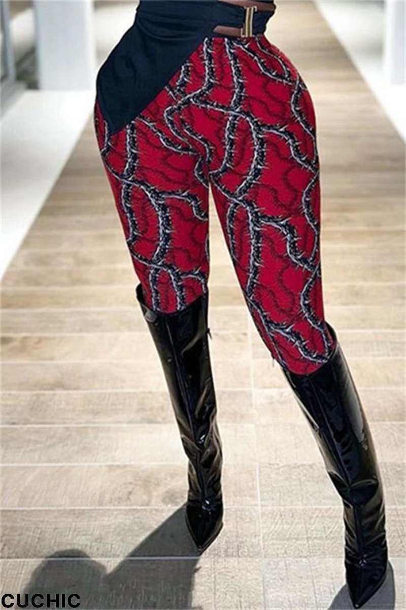Red Fashion Casual Print Basic Skinny High Waist Pencil Trousers-CuChic