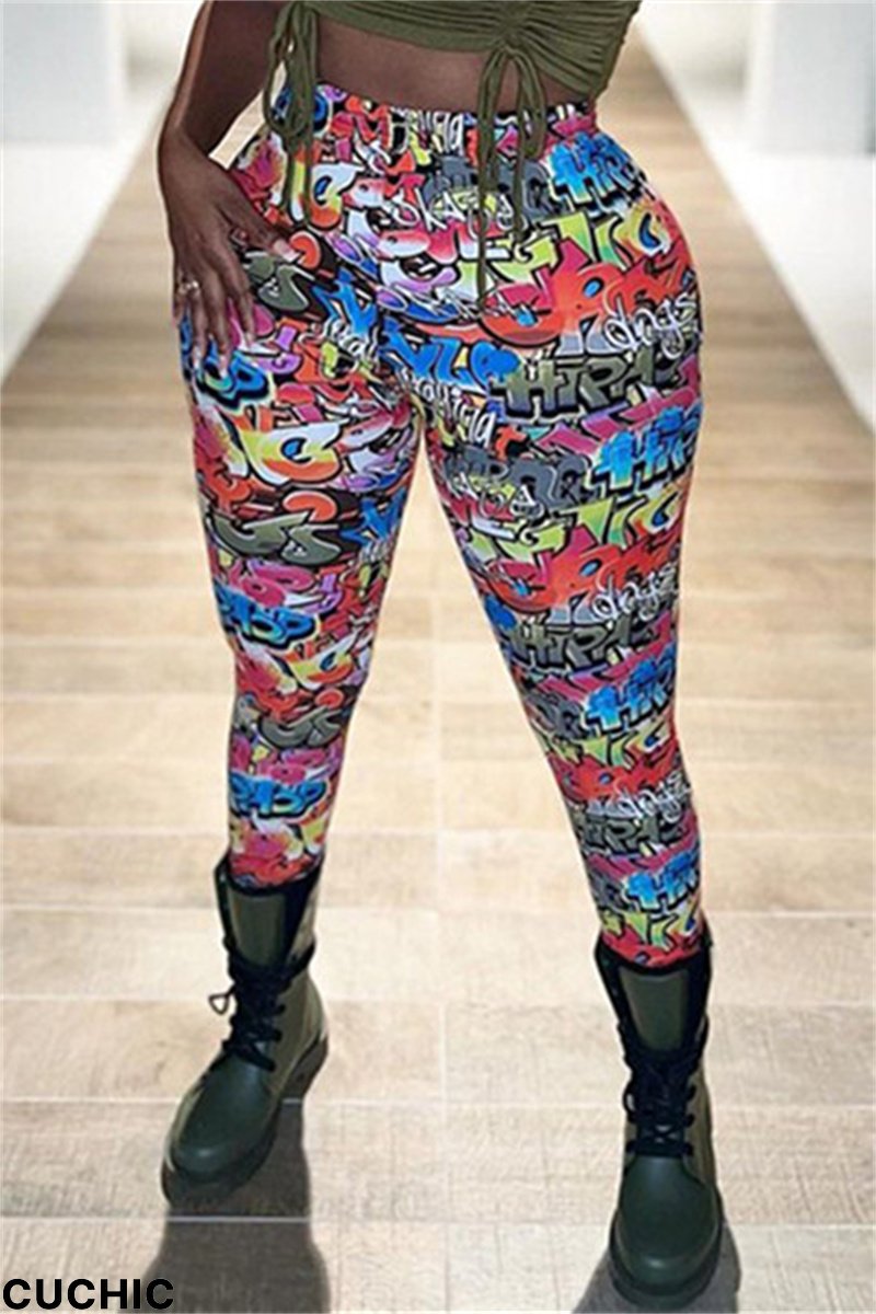 Colour Fashion Casual Print Basic Skinny High Waist Pencil Trousers-CuChic