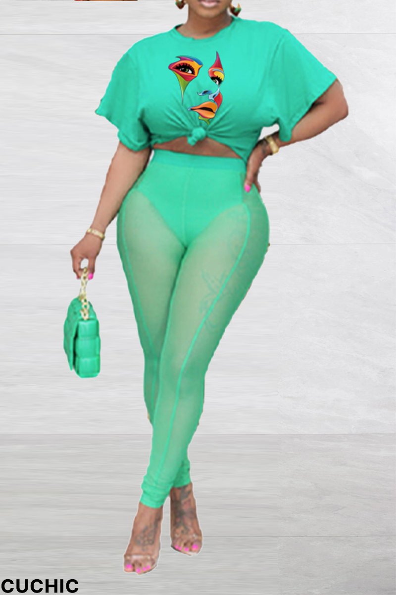 Light Green Sexy Print Mesh One Shoulder Short Sleeve Two Pieces-CuChic