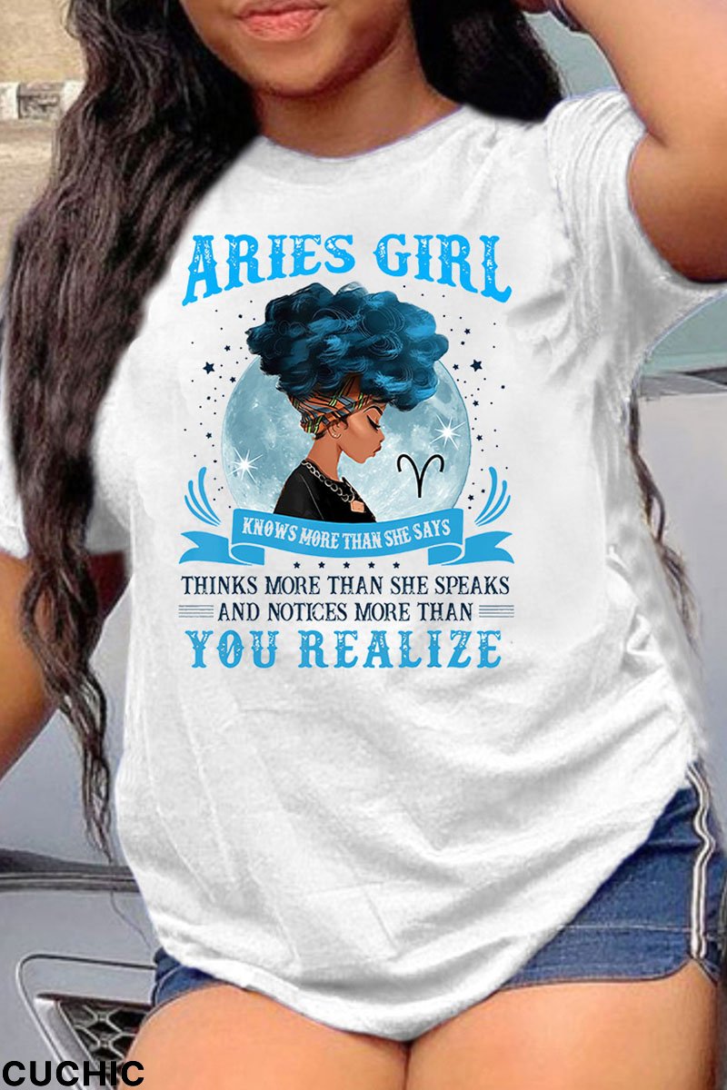Light Blue Fashion Casual Print Basic O Neck T-Shirts-CuChic