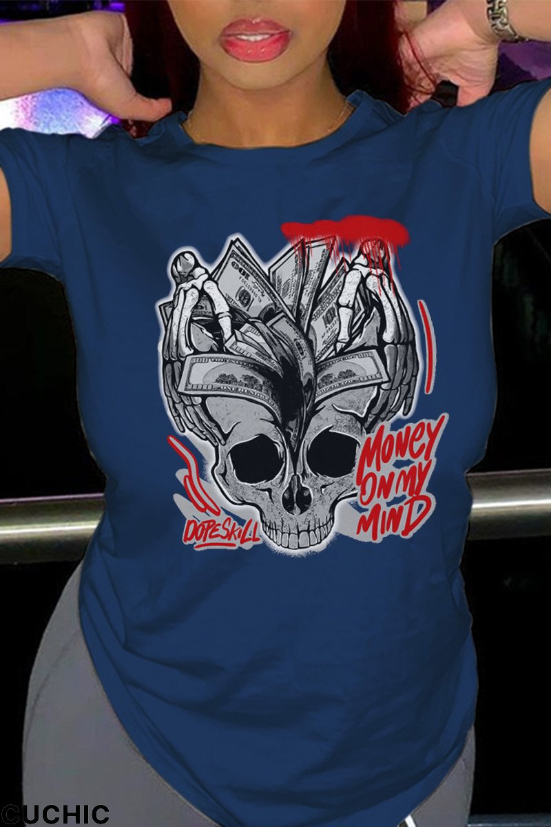 Navy Blue Casual Daily Print Patchwork O Neck T-Shirts-CuChic